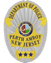 police officer badge Perth Amboy Department of police silver badge with blue text. Style # 22-f2