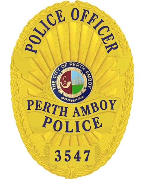 police officer badge Perth Amboy Police Officer gold badge with blue text. Style # 22-f2