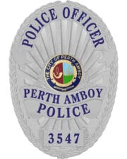 police officer badge Perth Amboy Police Officer Silver Badge with blue text. Style # 22-f2