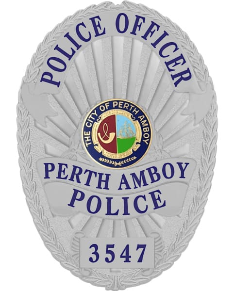 police officer badge Perth Amboy Police Officer Silver Badge with blue text. Style # 22-f2
