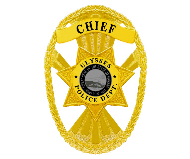 Ulysses Police Department Chief gold badge with a star and a black text. Style # 11-D15h11