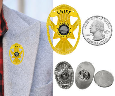Ulysses police chief Gold lapel pins with black text. Style # 11-d15h11