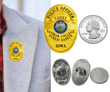 Sanmar College Public Safety Cadet gold lapel pins with black text. Style # 5-d11
