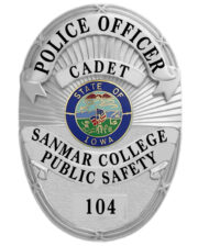 Police officer cadet badge Sanmar College Public Safety Cadet silver badge with black text and Iowa center seal. Style # 5-d11