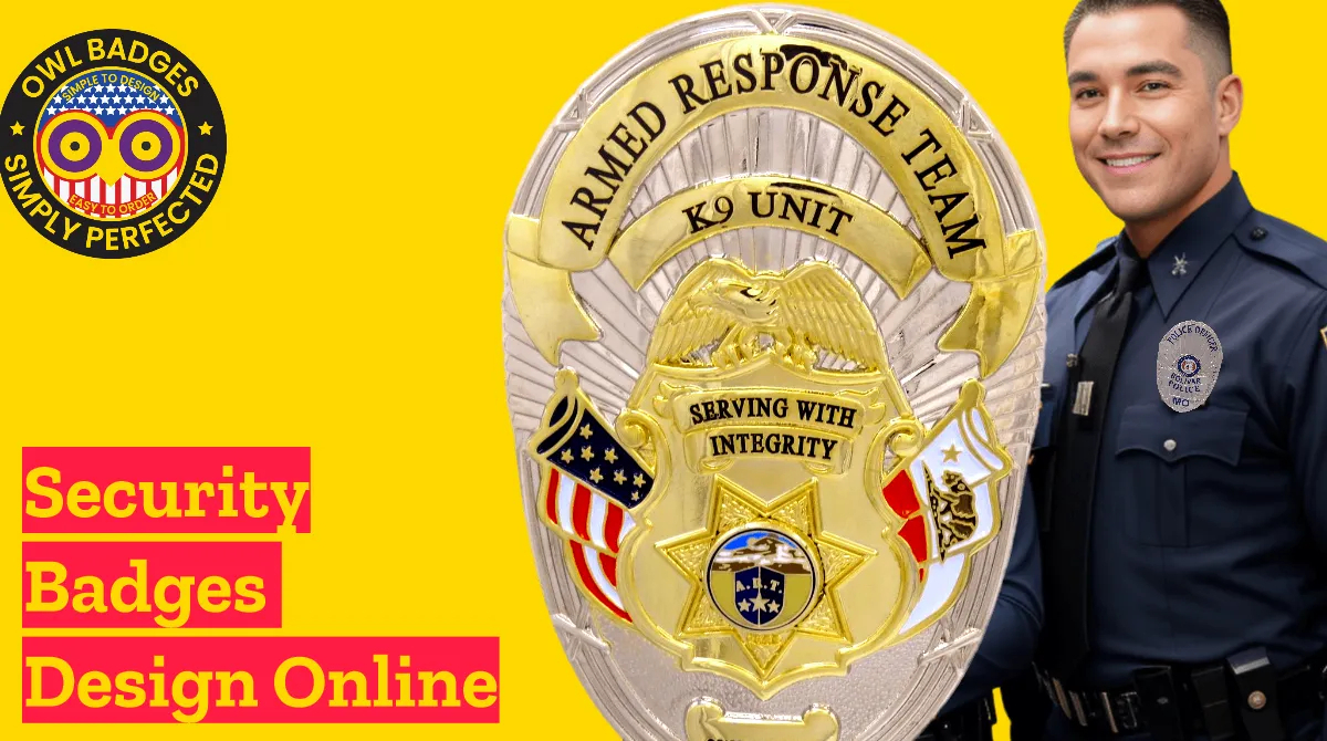 Bright promotional image featuring a detailed gold and silver badge for the 'armed response team k9 unit' with the motto 'serving with integrity,' accented by american flags and state emblems. A security officer in uniform displays a private security badge, emphasizing professional badges officers wear on their uniforms. Text highlights 'security badges design online' alongside the owl badges logo.