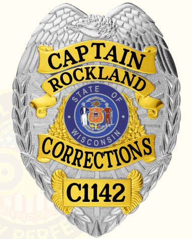 Custom Convention Badges, badge for police Rockland Corrections Captain Silver badge with text and numbers. Style 3-c11