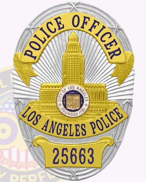 A striking custom metal badge in silver adorned with gold panels prominently displays "POLICE OFFICER" at the top. The badge features a detailed illustration of the Los Angeles City Hall at its center, surrounded by "LOS ANGELES POLICE" and "25663." It includes a safety pin attachment for easy and secure fastening.