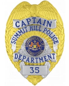 Badge for police summit hill police department captain silver badge with blue text and pennsylvania center seal. Style # 3-f2