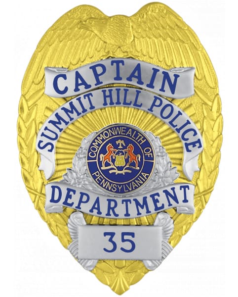 Badge for police Summit Hill Police Department Captain Silver Badge with Blue text and Pennsylvania center seal. Style # 3-f2