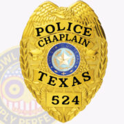 A detailed image of a custom police chaplain badge featuring a gold shield shape with an eagle design at the top. The badge prominently displays 'POLICE CHAPLAIN' in bold black letters, with 'TEXAS' and the state seal at the center. The badge number '524' is shown at the bottom. This visual exemplifies custom badges police chaplain badges, showcasing the unique design and significance of these badges for chaplains serving in law enforcement.
