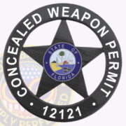 An image of a custom badge designed for a Concealed Weapons Permit, featuring a black circular outline with a prominent five-pointed star in the center. The star displays the state seal of Florida, showcasing symbols of the state's natural resources. The text 'CONCEALED WEAPON PERMIT' is prominently displayed around the badge, with the number '12121' at the bottom. This visual exemplifies custom badge Concealed Weapons Permit Badge, highlighting its official design and significance for permit holders.