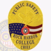 A bright gold public safety badge featuring an eagle design and the text 'PUBLIC SAFETY' at the top. Below, the badge reads 'ROCK HARBOR COLLEGE CHIEF,' with a circular emblem showcasing the state seal at the center. The background includes a representation of the American flag with stars and stripes. This visual exemplifies how to create custom badges for public safety police, highlighting the unique designs and personalization options available for law enforcement and safety roles.