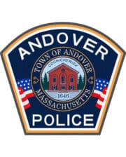 custom patch Andover police patch a blue and white patch with a red building and american flags