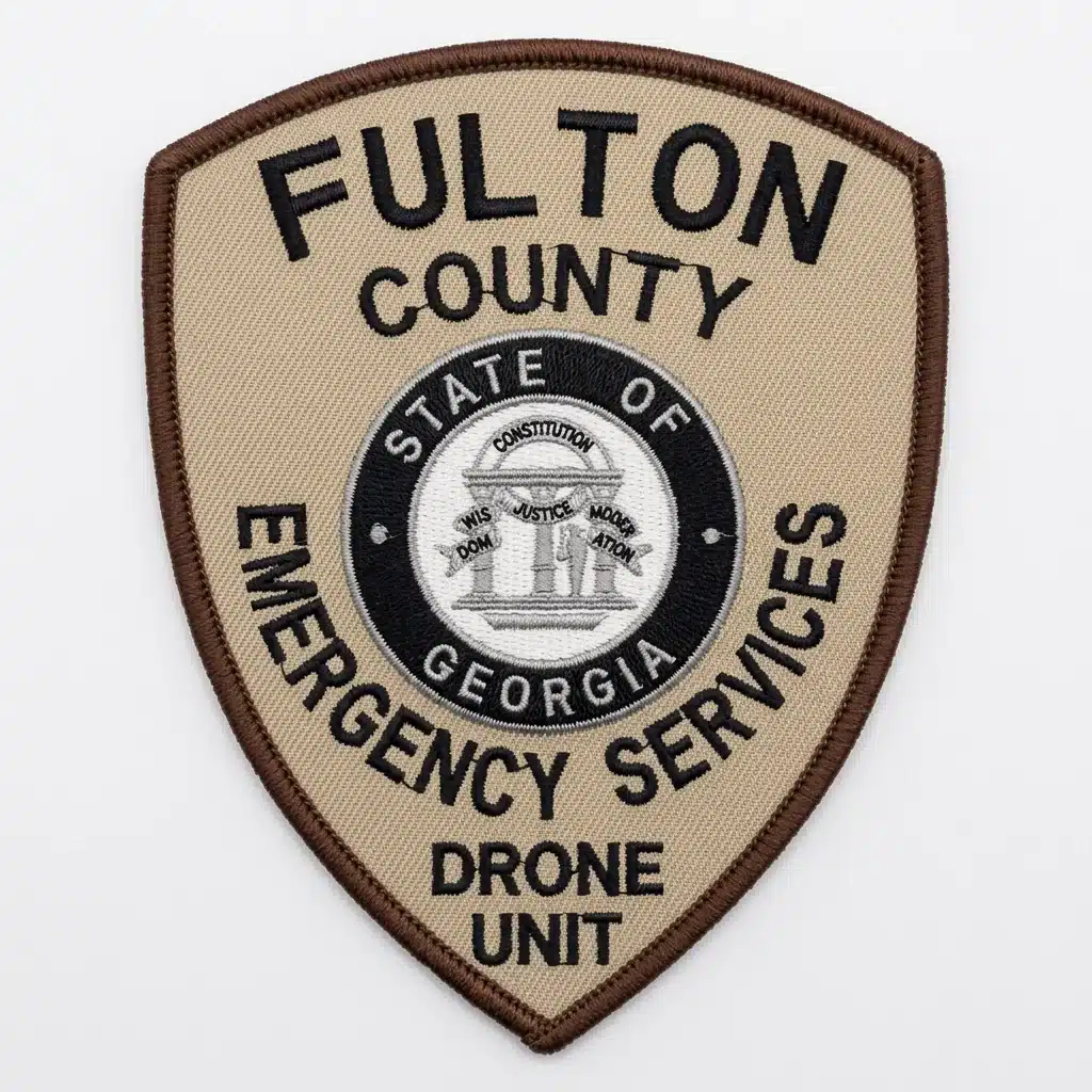 Embroidered tan shield sheriff patch with black lettering, a black-and-silver state seal at the center and a brown merrowed border