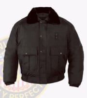 All-Weather-Bomber-Jacket- for security officer: Black jacket with a fur collar with owl badges logo