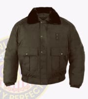 All-Weather-Bomber-Jacket- for security officer: Brown jacket with a fur collar with owl badges logo