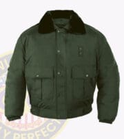 All-Weather-Bomber-Jacket- for security officer: Green jacket with a fur collar with owl badges logo