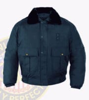 All-Weather-Bomber-Jacket- for security officer: Navy Blue jacket with a fur collar with owl badges logo