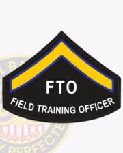 An image of a chevron patch labeled 'FTO FIELD TRAINING OFFICER' prominently displayed in white text on a black background. The patch features a distinctive design with a thick yellow and blue chevron stripe at the top, symbolizing the rank of Field Training Officer. This visual exemplifies the PRC1-FTO-Field-Training-Officer-Chevron, showcasing the clear identification and professional appearance of this essential training insignia.