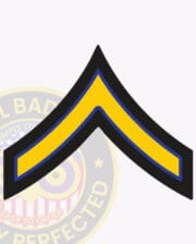 An image of a police rank chevron patch designed for Police First Class (PFC), featuring a distinctive yellow and black design. The patch showcases two bold yellow stripes outlined in blue, forming a V shape against a black background. This visual represents the Police Rank Chevron PFC Police First Class, emphasizing its significance as a recognition symbol used by law enforcement personnel.