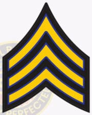 An image of a police rank chevron patch for SGT (Sergeant), featuring a striking design with three bold yellow stripes outlined in blue, against a black background. This insignia is used by law enforcement and police departments in the USA to signify the rank of Sergeant. This visual represents the Police Rank Chevron SGT Sergeant, emphasizing its role in identifying and recognizing the rank within police organizations.