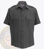 security uniform shirt long sleeve : a short sleeved dark gray blue shirt with Owl Badges Logo