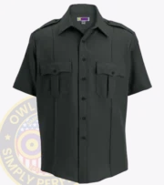 security uniform shirt short sleeve : a short sleeved dark gray blue shirt with Owl Badges Logo