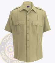 security uniform shirt short sleeve : a short sleeved tan shirt with Owl Badges Logo