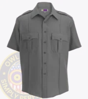 security uniform shirt short sleeve : a short sleeved light gray blue shirt with Owl Badges Logo