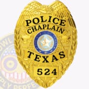 Personalized Police Badges: Do Personalized Badges Represent Law Enforcement Identity a gold police badge with a blue star and a blue star A striking gold Police Chaplain badge from Texas, featuring a detailed eagle emblem at the top. The badge prominently displays 'POLICE CHAPLAIN' in bold lettering above the state seal of Texas, which is encircled by a blue border. Below, the word 'TEXAS' is clearly visible, along with the badge number '524.' This badge represents the vital role of support and guidance in law enforcement, exemplifying the significance of Police-Chaplain-Badges.