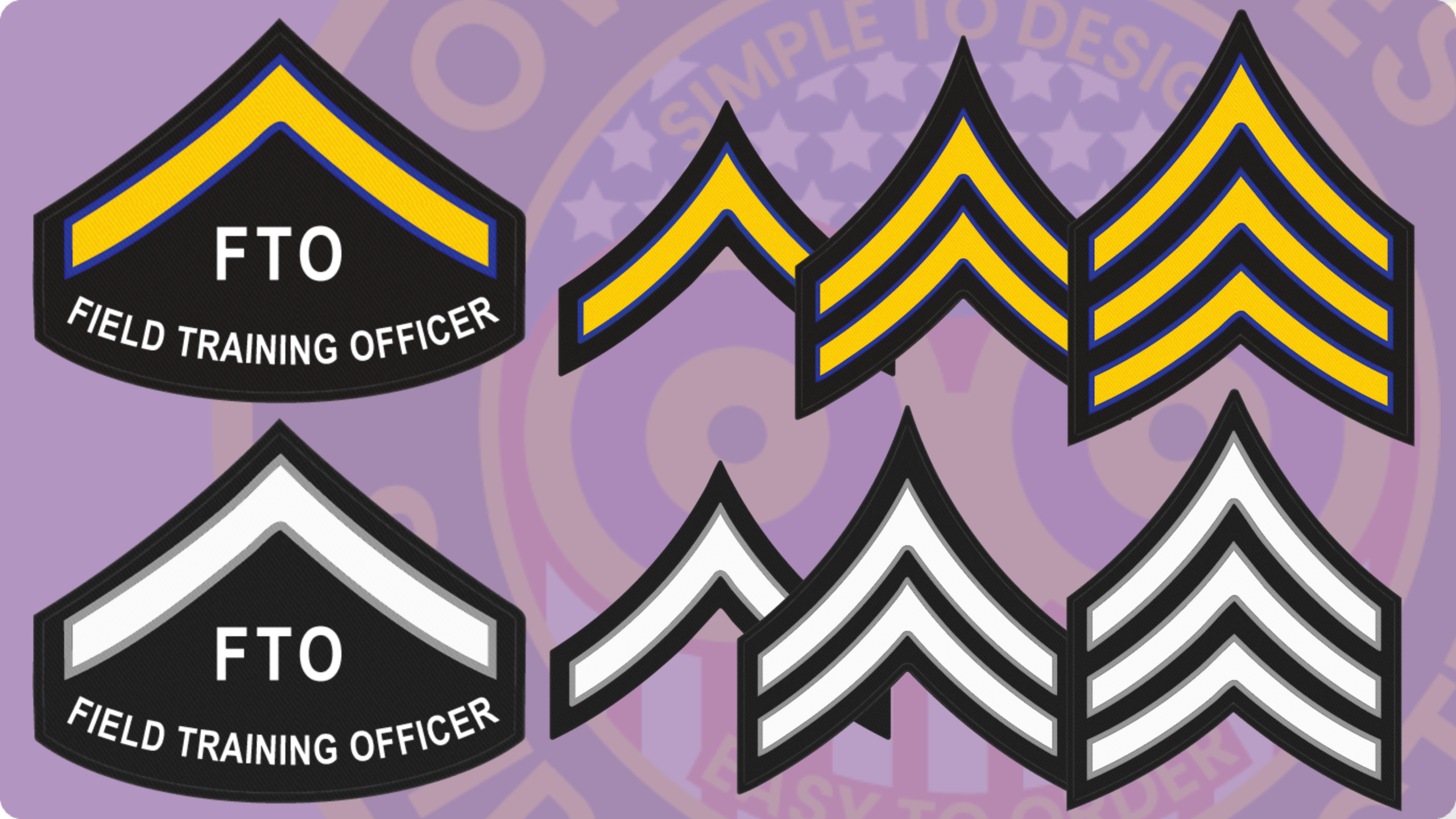 A collection of custom police ranks, chevrons, and patches displayed against a soft purple background. The image features two distinct field training officer (fto) patches in black with yellow accents, labeled clearly. Surrounding them are various chevrons in black and white, showcasing the official police ranks used by law enforcement. This visual representation highlights the importance of custom police ranks, chevrons, and patches in the identification and hierarchy within law enforcement.