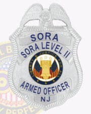 An eye-catching custom metal badge in silver color, adorned with "OFFICER SORA LEVEL II" prominently displayed above a round emblem that represents the state of New Jersey. The badge features the designation "ARMED SECURITY" and comes with a safety pin attachment for secure placement.