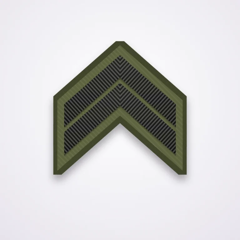Police Ranks 62 Illustration of a subdued two-chevron corporal patch in black thread on olive drab for tactical uniforms
