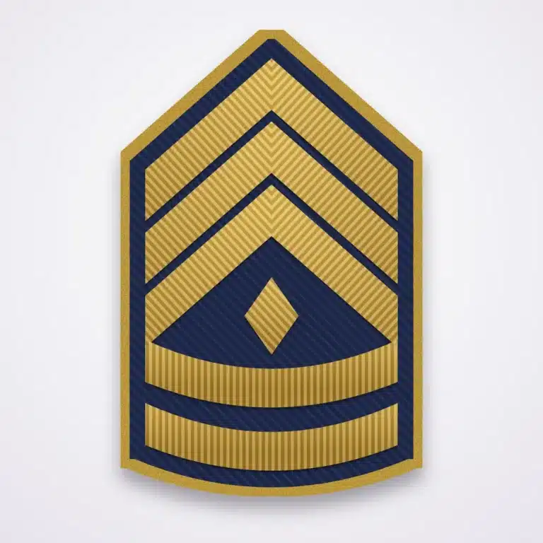 Police Ranks 37 Illustration of a first sergeant rank patch with three chevrons, two rockers and a center diamond in gold on navy