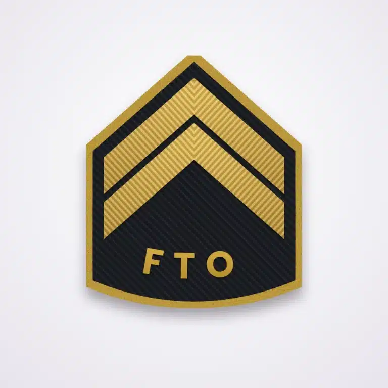 Police Ranks 3 Illustration of a field training officer chevron patch with fto lettering on the rocker in gold on black