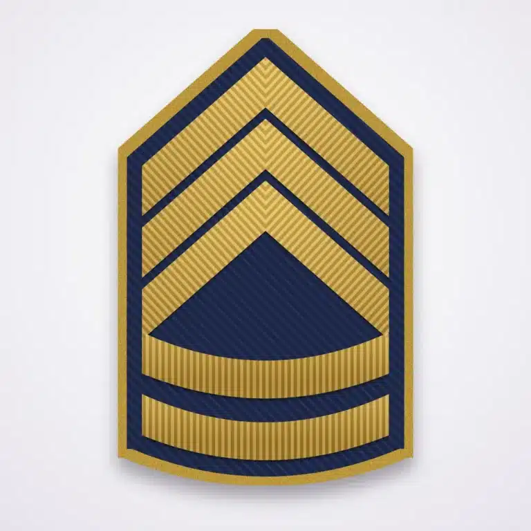 Police Ranks 2 Illustration of a master sergeant rank patch with three chevrons and two rockers in gold on navy