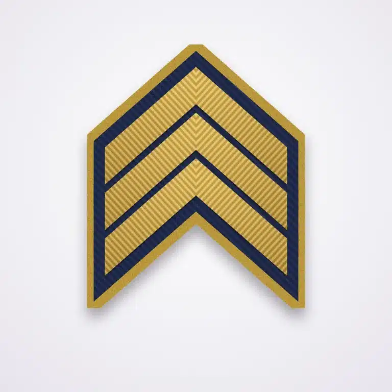 Police Ranks 50 Illustration of a three-chevron sergeant rank patch in gold thread on navy twill
