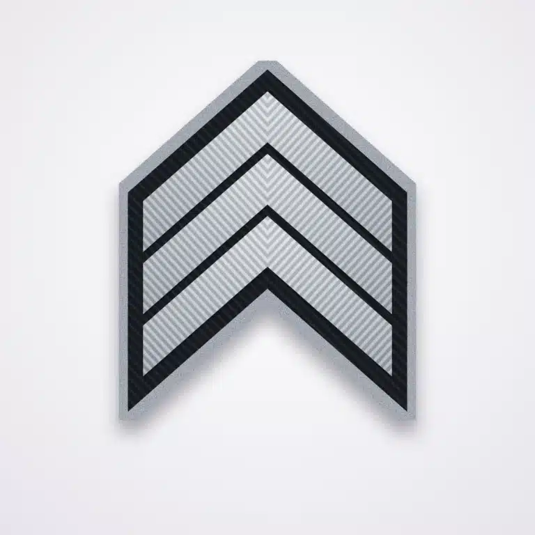 Police Ranks 38 Illustration of a three-chevron sergeant rank patch in silver thread on black twill
