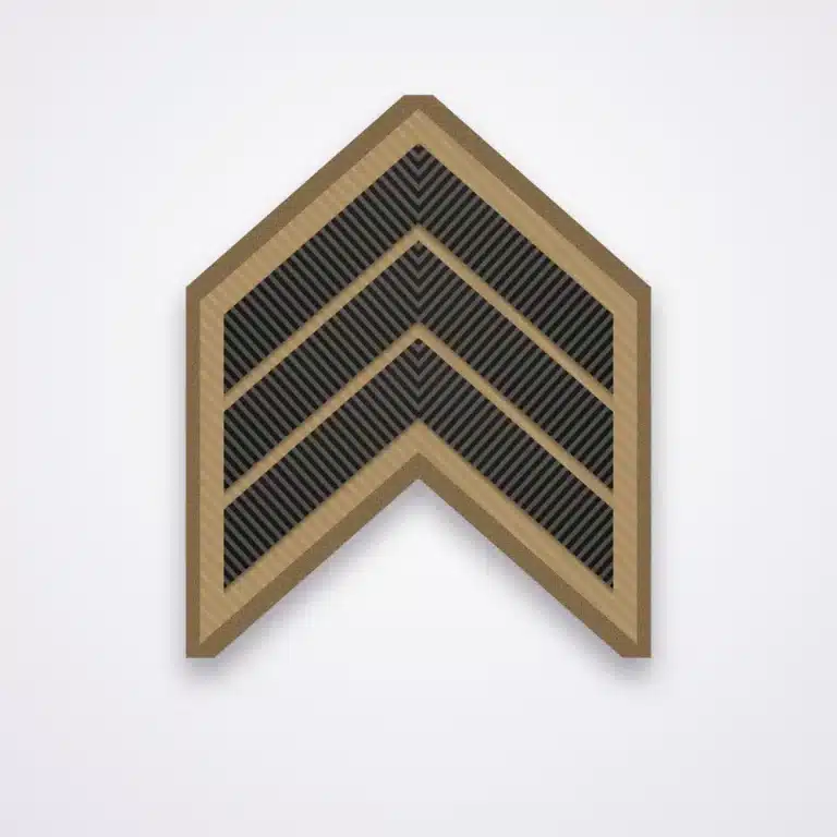Police Ranks 34 Illustration of a subdued three-chevron sergeant patch in black thread on coyote tan for tactical uniforms
