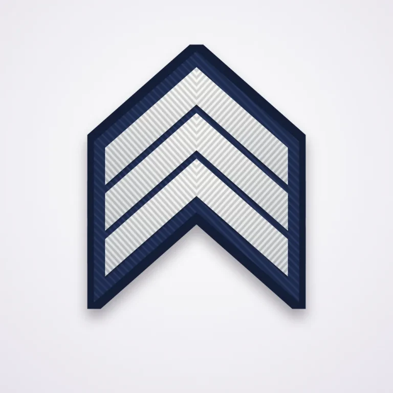 Police Ranks 60 Illustration of a three-chevron sergeant rank patch in white thread on navy twill