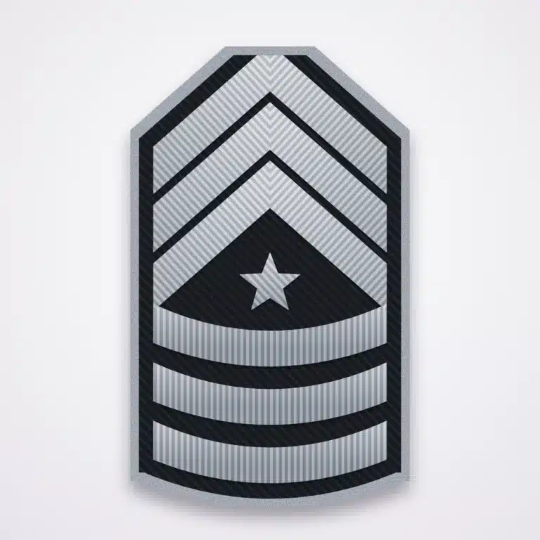 Police Ranks 54 Illustration of a sergeant major rank patch with three chevrons, three rockers and a center star in silver on black