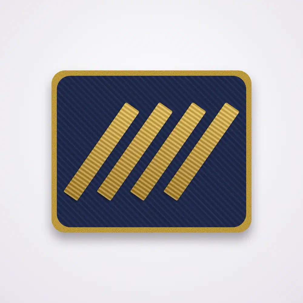 Police Ranks 63 Illustration of a service stripe patch with four diagonal hash marks in gold on navy