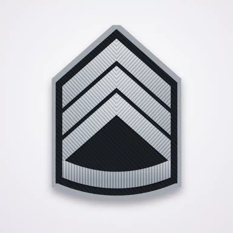 Police Ranks 35 Illustration of a three-chevron sergeant patch with one rocker in silver thread on black twill