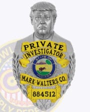 A custom metal badge in silver with gold panels featuring a detailed bust of Donald Trump at the top. The badge prominently displays "PRIVATE INVESTIGATOR" and "MARK-WALTERS CO." in yellow lettering, with the state seal of Indiana at the center. Below this, the number "884512" is clearly visible. This design showcases the unique combination of silver and gold elements in a custom metal badge with Donald Trump bust.