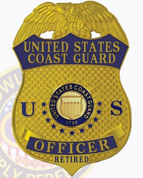 A striking gold badge representing the United States Coast Guard, featuring the words 'UNITED STATES COAST GUARD' prominently displayed in bold lettering at the top. The badge showcases a central circular emblem with stars and the inscription 'UNITED STATES COAST GUARD 1790.' Below, the word 'OFFICER' is highlighted, with 'RETIRED' at the bottom of the badge. The detailed reverse enamel design adds depth to its appearance, making it a distinguished example of United States Coast Guard badges in gold.