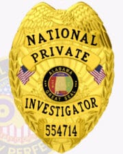 A striking gold badge for a National Private Investigator, featuring an eagle emblem at the top. The badge prominently displays 'NATIONAL' and 'PRIVATE INVESTIGATOR' in bold lettering across the center. At the heart of the badge is the state seal of Alabama, flanked by two small American flags. The badge number '554714' is visible at the bottom, emphasizing its official status. This badge is a perfect example of private investigator badges, also known as PI badges, showcasing professionalism and authority.