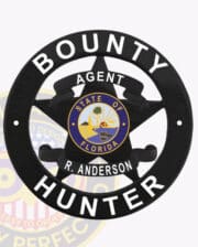 A black star-shaped badge for a Bounty Hunter, featuring the words 'BOUNTY HUNTER' prominently displayed around the edge. The center showcases a circular emblem with the state seal of Florida, highlighting symbols of the state's identity. The badge includes the title 'AGENT' and the name 'R. ANDERSON' at the bottom. This badge exemplifies the authority and professionalism required in the field, making it an excellent representation of bounty hunter badges.