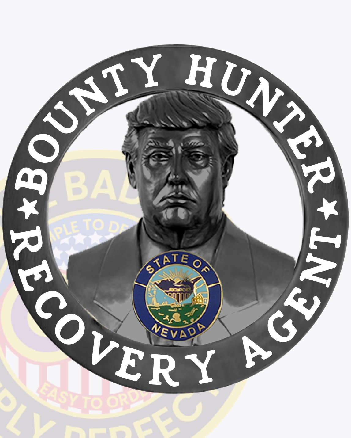A detailed image of a custom metal badge in black color with a safety pin attachment, highlighting "RECOVERY AGENT" and the Nevada state seal. This badge’s refined design showcases its importance as a distinguished accessory for professionals in bounty hunting.