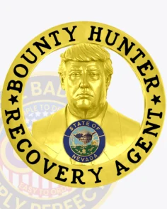 A detailed image of a custom metal badge in gold color with a safety pin attachment, highlighting "recovery agent" and the nevada state seal. This badge’s refined design showcases its importance as a distinguished accessory for professionals in bounty hunting.
