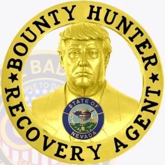 A detailed image of a custom metal badge in gold color with a safety pin attachment, highlighting "RECOVERY AGENT" and the Nevada state seal. This badge’s refined design showcases its importance as a distinguished accessory for professionals in bounty hunting.